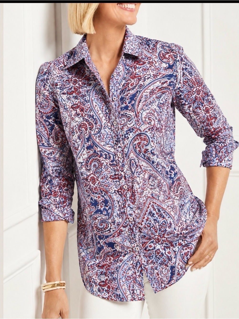 Talbots Cotton Red Blue Paisley Long Sleeve Button Front Lightweight Blouse Top